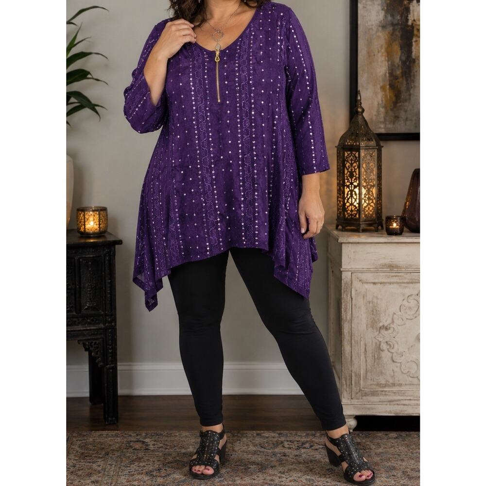 Sami & Jo Purple L Sequin Lagenlook Tunic Top Asymmetrical Hem Boho Embroidered